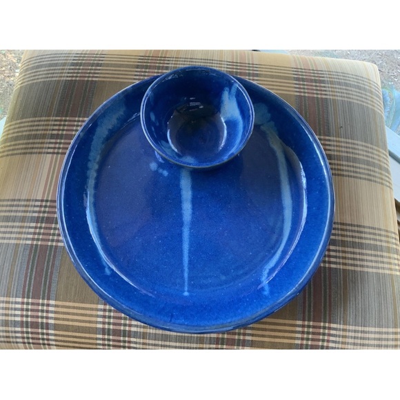 Prado Stoneware Collection Blue Glazed Pottery Chip and Dip Bowl Handmade